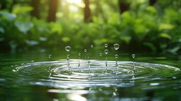 Water droplets creating ripples in a serene pond. photo