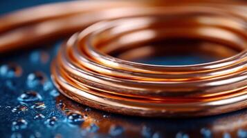Copper wire coils on a wet surface. photo