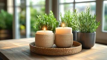 Cozy candles and plants on a wooden table. photo