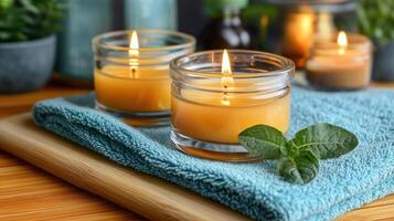 Cozy candles on a towel for relaxation. photo