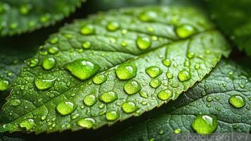 Close-up of green leaves with water droplets. front shot photo