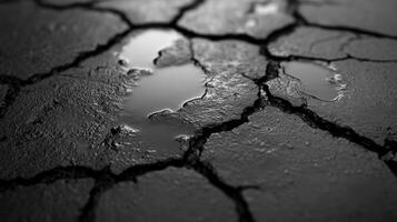Cracked ground with reflective puddles. photo