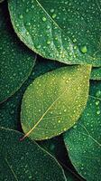 Close-up of green leaves with water droplets. top view shot photo