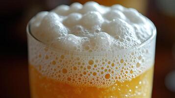 Close-up of frothy beer in a glass. photo