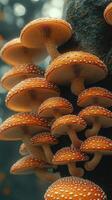 Cluster of vibrant orange mushrooms on a tree. photo