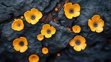 Vibrant yellow flowers on dark textured surface. photo