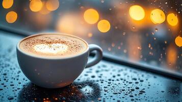 Cozy coffee cup with heart design by a rainy window. photo