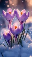 Crocuses blooming through snow in a serene setting. photo