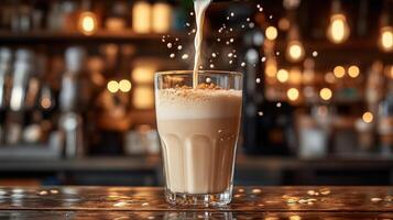 Creamy drink being poured into a glass. photo