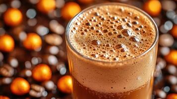 Close-up of frothy coffee with chocolate background. photo