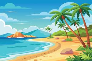 Tropical Seaside Scene With Palm Trees and Mountains vector
