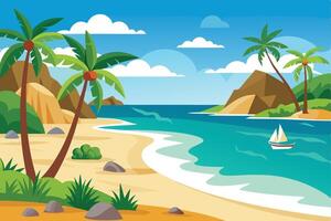 Palm Trees Swaying at a Tropical Beach With Mountains vector