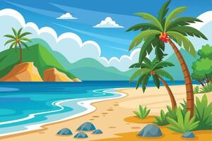 Tropical Beach With Palm Trees and Distant Mountains vector