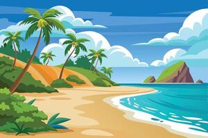 Relaxing Tropical Beach Scene With Mountains and Palms vector