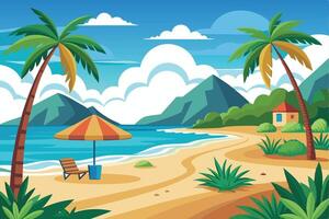 Tropical Oceanfront With Palm Trees and Mountains vector