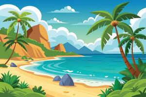 Sunlit Tropical Beach With Palm Trees and Mountains vector