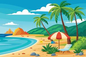 Tropical Beach and Mountain View With Palm Trees vector