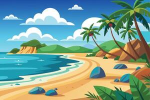 Island Beach Paradise With Palm Trees and Distant Mountains vector