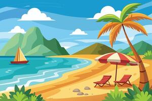 Tropical Beachfront With Palm Trees and Mountain Background vector