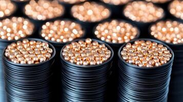 Close-up of stacked containers filled with copper balls. photo