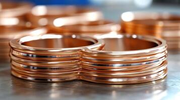 Close-up of polished copper rings stacked together. photo