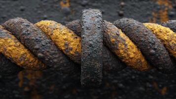 Close-up of twisted, rusty rope with yellow markings. photo