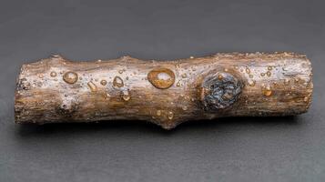 A stick with droplets of resin on its surface. photo