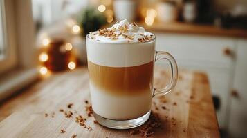 Creamy layered coffee with whipped topping. photo