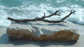 A stick resting on a stone by the shore. photo
