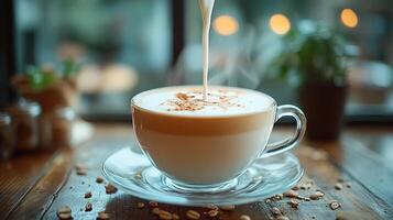 Cream being poured into a cup of coffee. photo