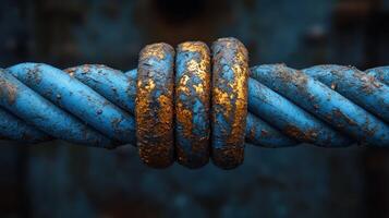 Close-up of weathered blue rope with rust. photo