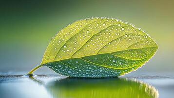 Dew-covered leaf resting on a reflective surface. photo