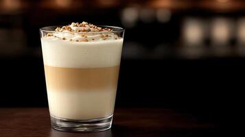 Creamy layered beverage topped with nuts. photo