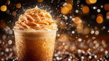 Creamy beverage with decorative topping and sparkles. photo