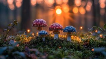 Colorful mushrooms in a forest at sunset. photo
