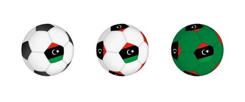 Collection football ball with the Libya flag. Soccer equipment mockup with flag in three distinct configurations. vector