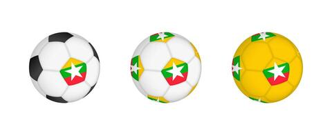 Collection football ball with the Myanmar flag. Soccer equipment mockup with flag in three distinct configurations. vector