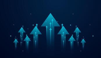 Multiple glowing arrows ascend against a dark blue background, symbolizing progress, growth, and rising momentum. illustration vector