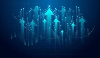 Glowing arrows rise powerfully against a digital backdrop, symbolizing rapid upward trends and success. and growing technology on grid lines dark blue background vector