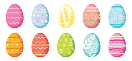 Set of cute Easter eggs in cartoon style. Illustration of colored eggs with different patterns, waves, dots, wheat ears, stripes, lines, flowers, leaves isolated on white background. vector