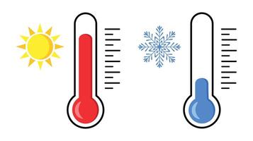 Set of thermometers in cartoon style. Illustration of meteorological thermometers with scales, red, blue, sun and snowflake isolated on white background. Temperature measurement. vector