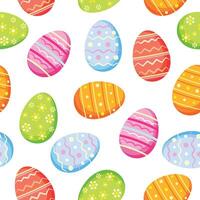 Seamless pattern with decorative Easter eggs in cartoon style. Illustration of colorful Easter eggs with patterns,flowers,lines,dots,waves isolated on white background.Wrapping,packaging paper. vector