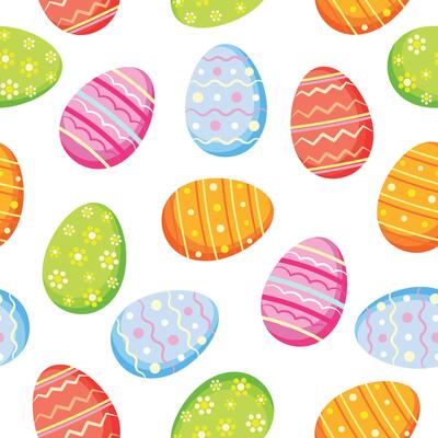Seamless pattern with decorative Easter eggs in cartoon style. Illustration of colorful Easter eggs with patterns,flowers,lines,dots,waves isolated on white background.Wrapping,packaging paper.