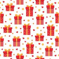 Seamless gift pattern with confetti and hearts isolated on white background.Pattern with red gift boxes, yellow bows in cartoon style. Wrapping paper,textile design. Christmas and birthday gifts. vector