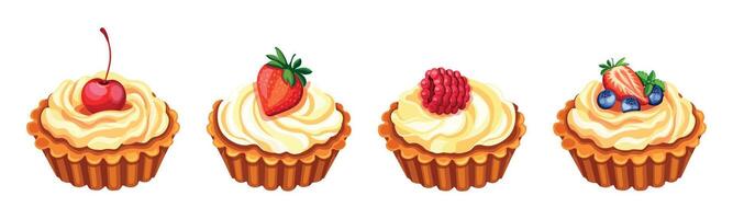 Set of delicious tartlets with berries in cartoon style. Illustration of tartlets with cream, berries, cherry, strawberry, raspberry, blueberry, mint leaves isolated on a white background. vector