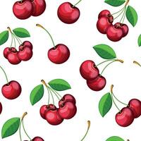 Seamless pattern with fresh cherries in cartoon style. Illustration of a pattern with delicious and juicy cherry berries with green leaves isolated on a white background. Sweet cherries. vector