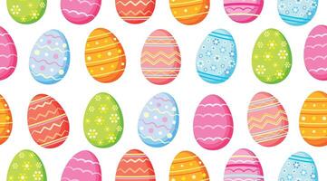 Seamless background with different Easter eggs in cartoon style. Illustration of a pattern with Easter eggs decorated with floral, geometric ornaments isolated on a white background. Banner. vector