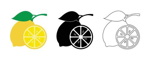 Three lemon illustrations. color, black and white, and outline versions. Perfect for various designs. vector