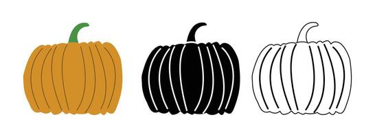 Three pumpkin illustrations in color silhouette and outline versions vector