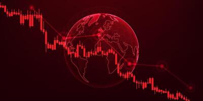 Stock chart with a downtrend and a globe behind it indicates a bearish market condition due to tax increases or interest rate increases, which results in companies having lower profits and losses. vector
